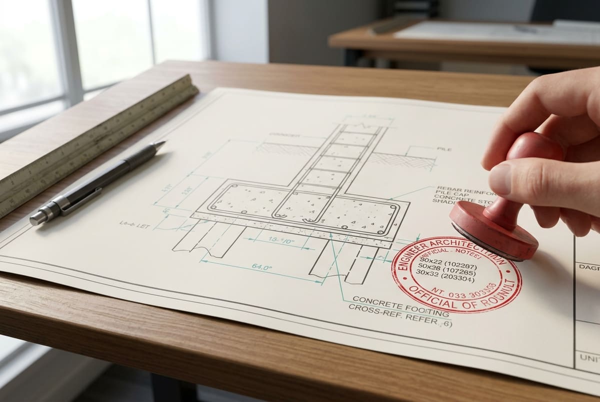 Minh họa dấu đóng lệch góc hoặc đè lên chi tiết kỹ thuật của bản vẽ