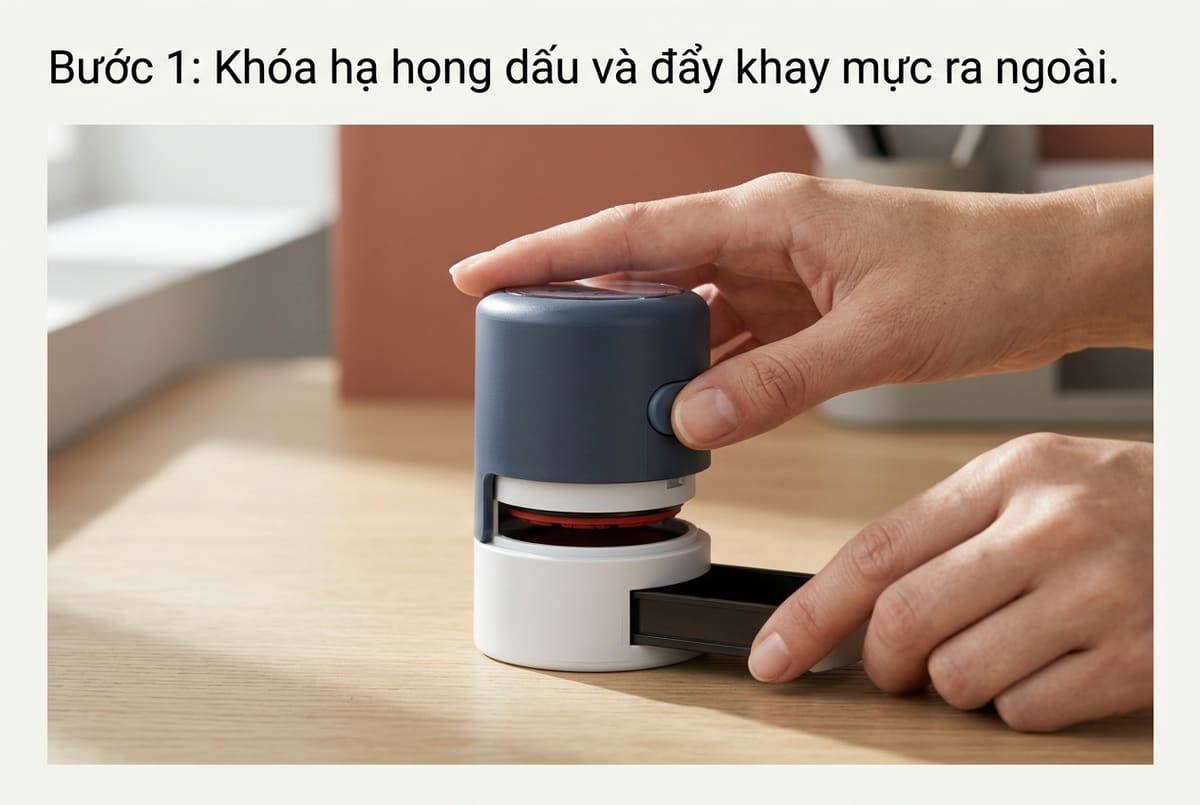 Minh họa bước 1: Khóa hạ họng dấu và đẩy khay mực ra ngoài