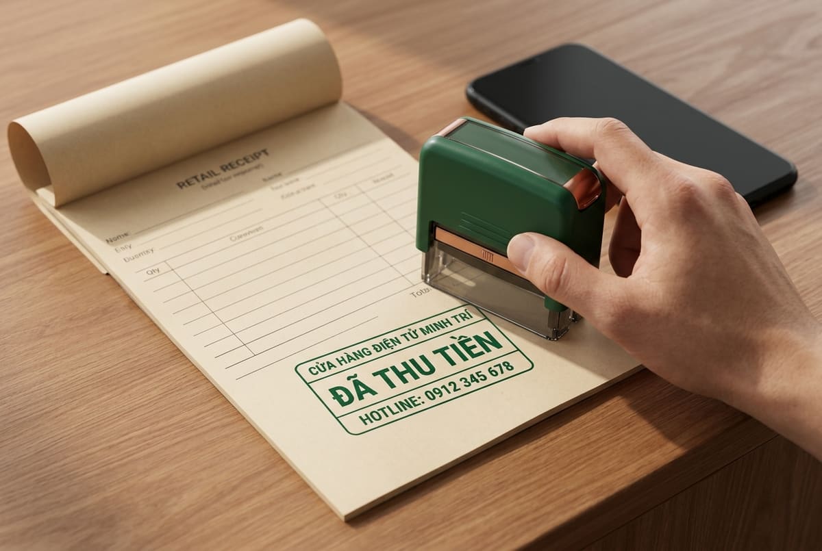 Minh họa mẫu Đã thu tiền có tên cửa hàng và số điện thoại
