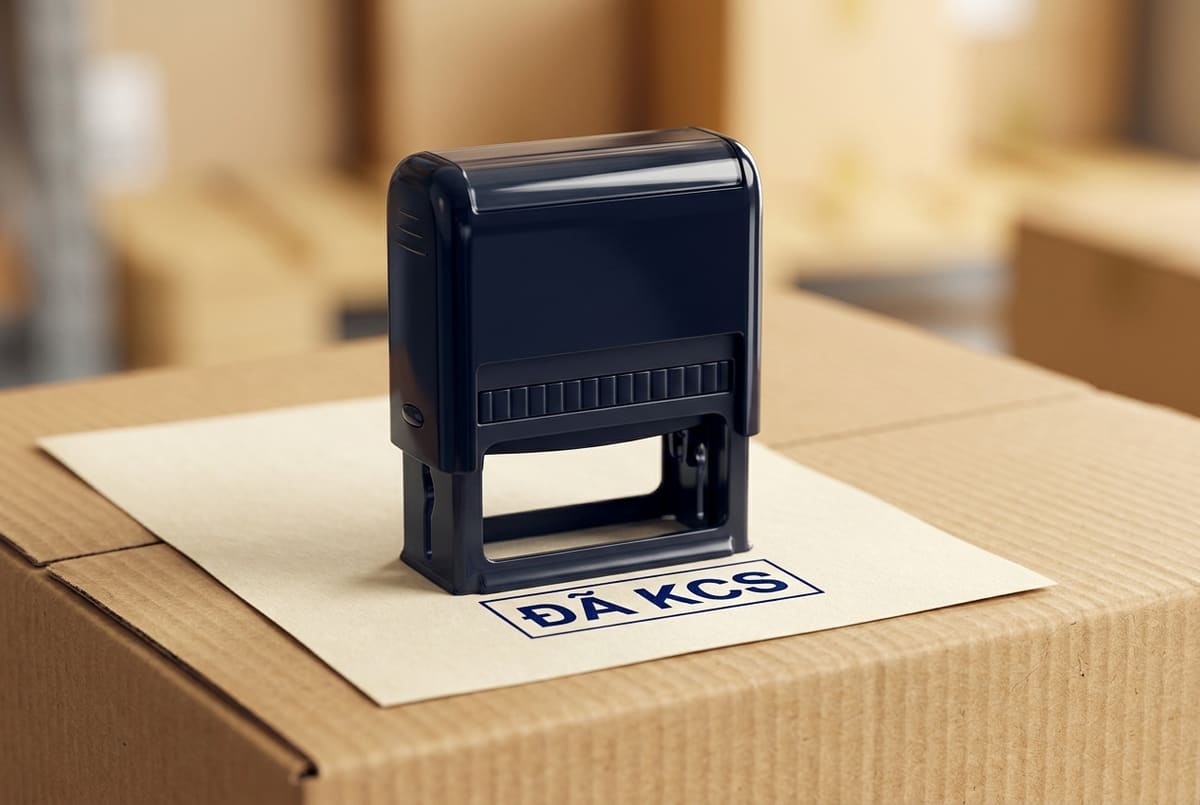 Minh họa khắc dấu KCS liền mực đóng trên giấy và thùng carton