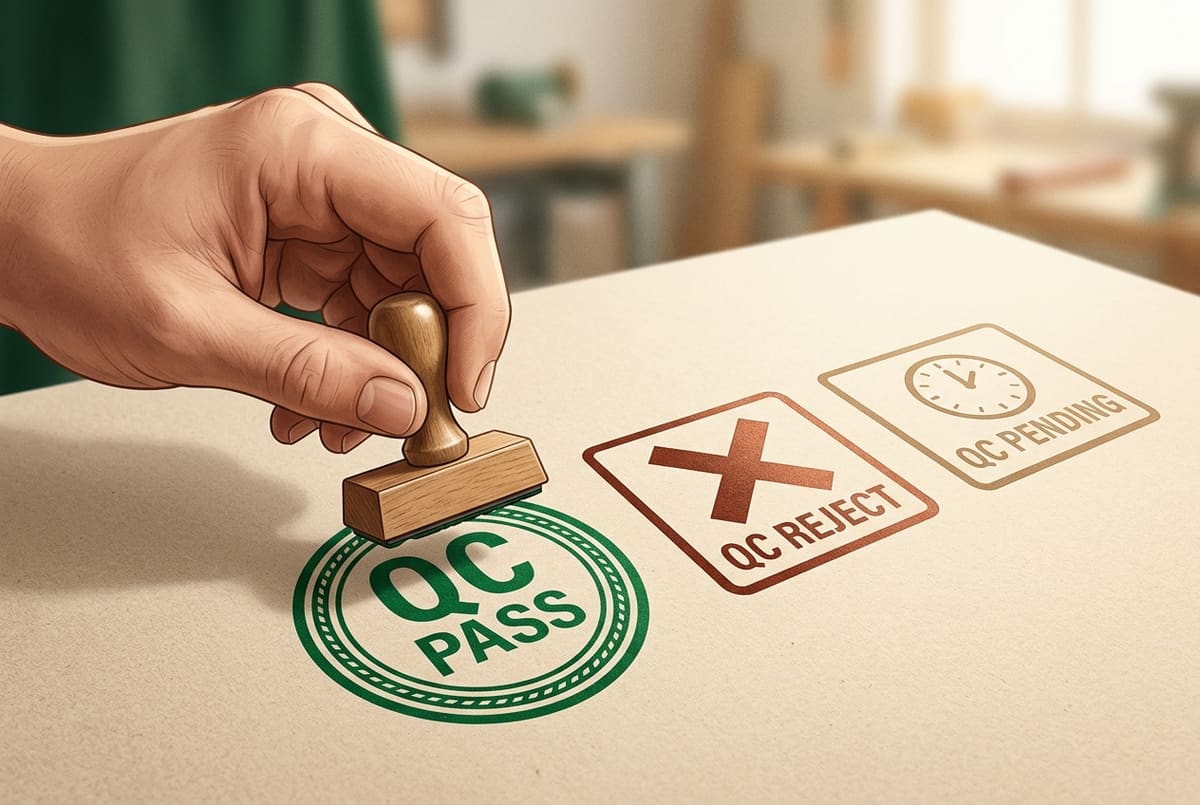 Minh họa đối chiếu mẫu dấu QC Pass với dấu QC Reject và QC Pending