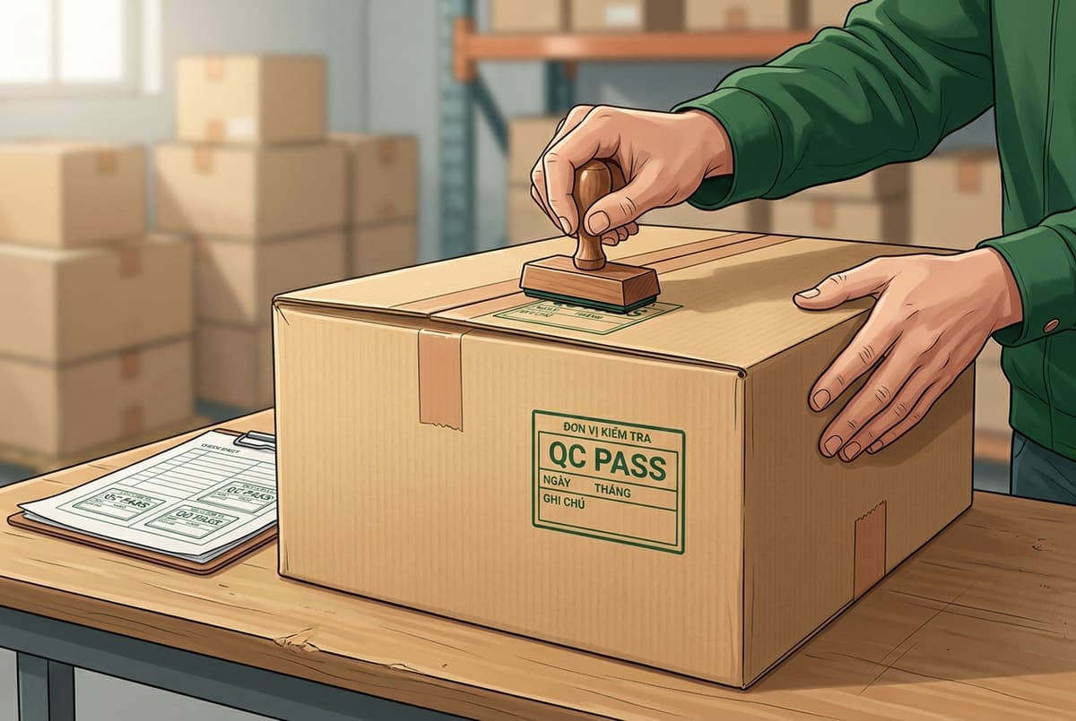 Minh họa bố cục dấu chữ nhật cho thùng carton và phiếu kiểm hàng