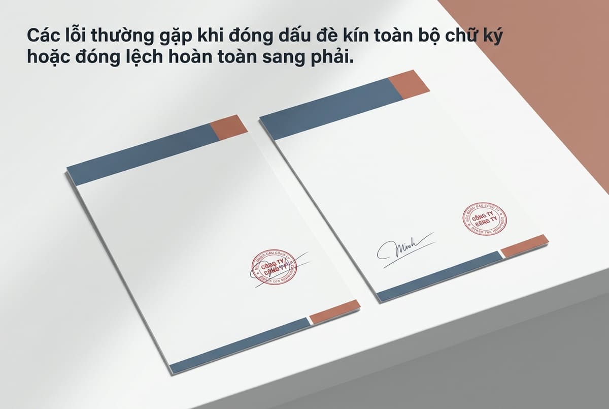 Minh họa các lỗi thường gặp khi đóng dấu đè kín toàn bộ chữ ký hoặc đóng lệch hoàn toàn sang phải