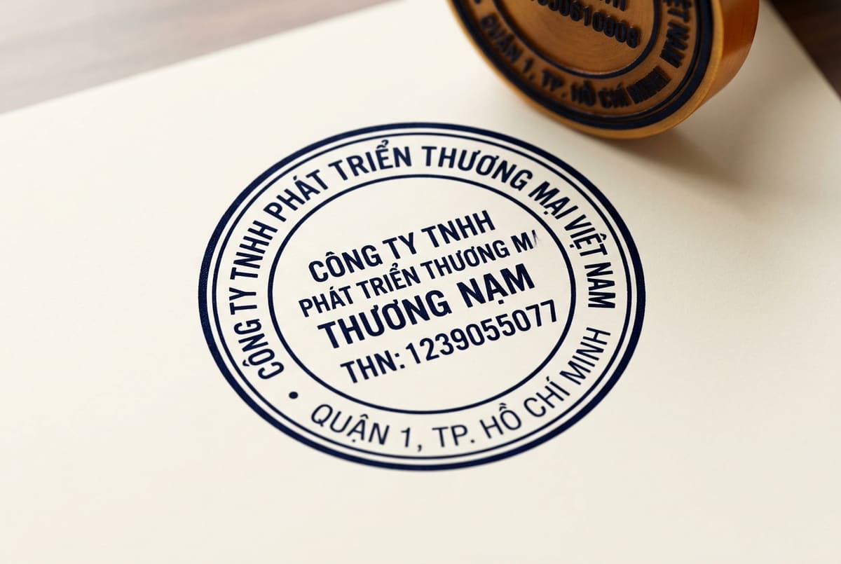 Minh họa dạng dấu tròn công ty thể hiện tên và mã số thuế